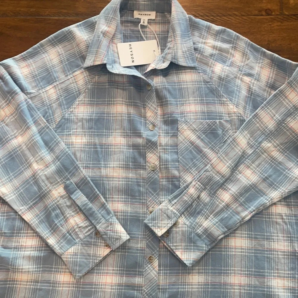 Heyson Lightweight Blue Plaid flannel Oversized Shirt size Small - Picture 3 of 16